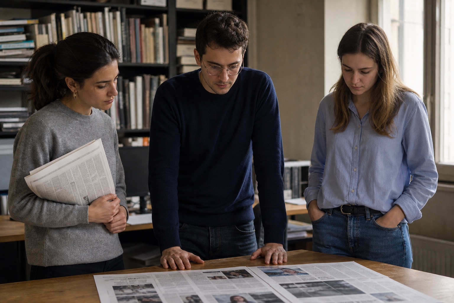 A newsroom gathered around printed homepage proofs at the end of the day.
