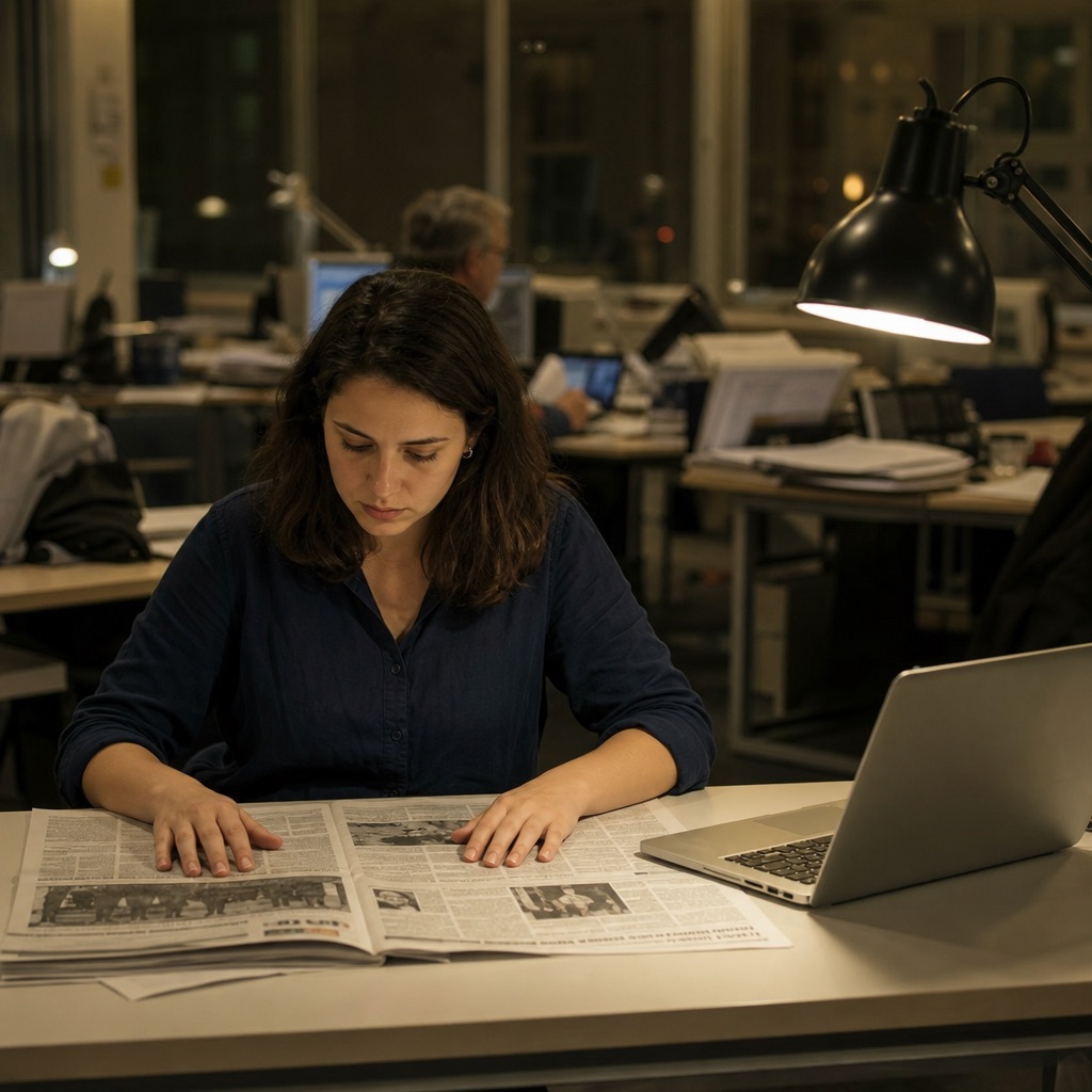 An editor reading printed pages while a second screen sits unused.