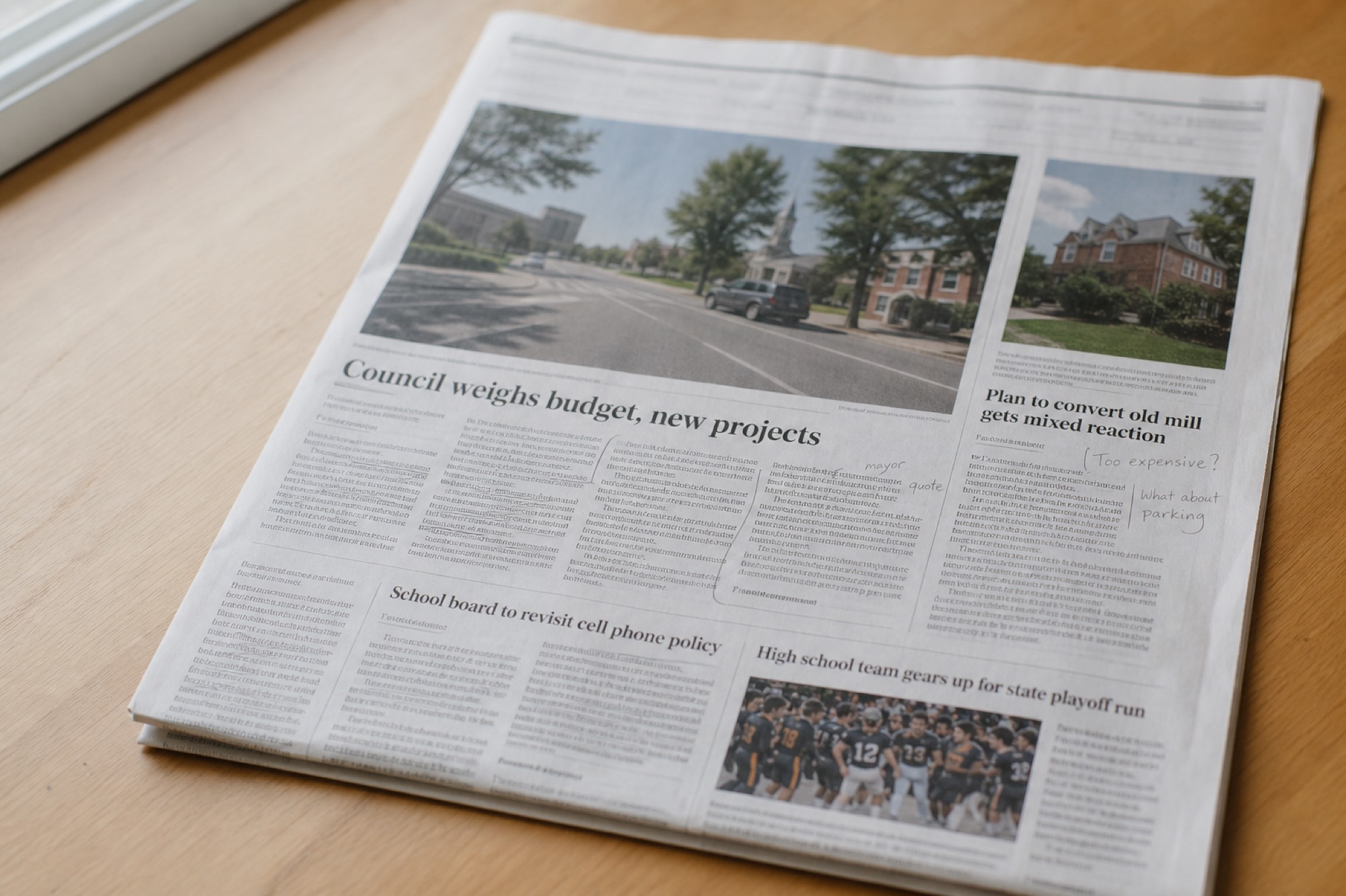 A printed homepage on a table, marked by hand on one story.