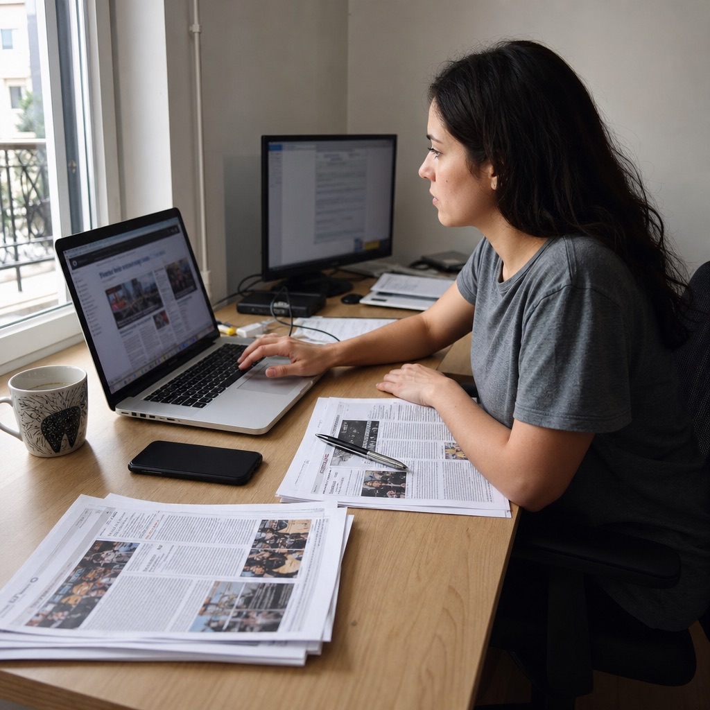 A young editor at a desk today, laptop open, printed pages still in progress.