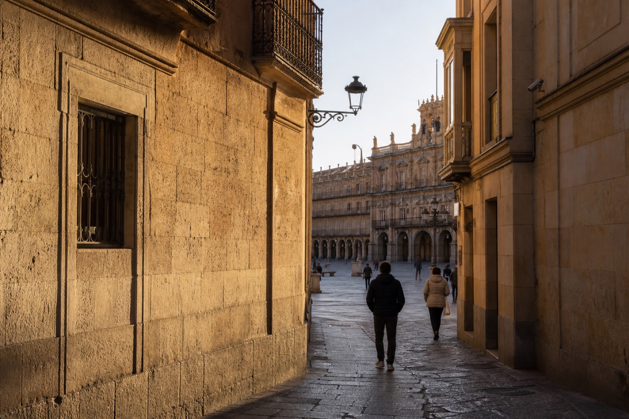 A sandstone street in Salamanca in late afternoon light.
