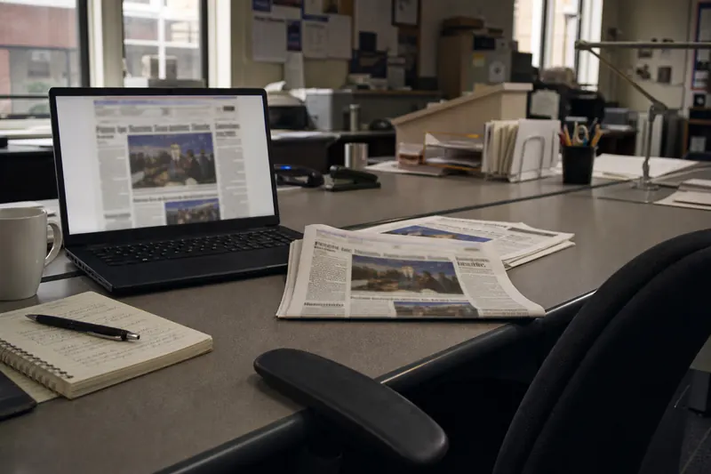A laptop and printed pages of a homepage on an empty newsroom desk.