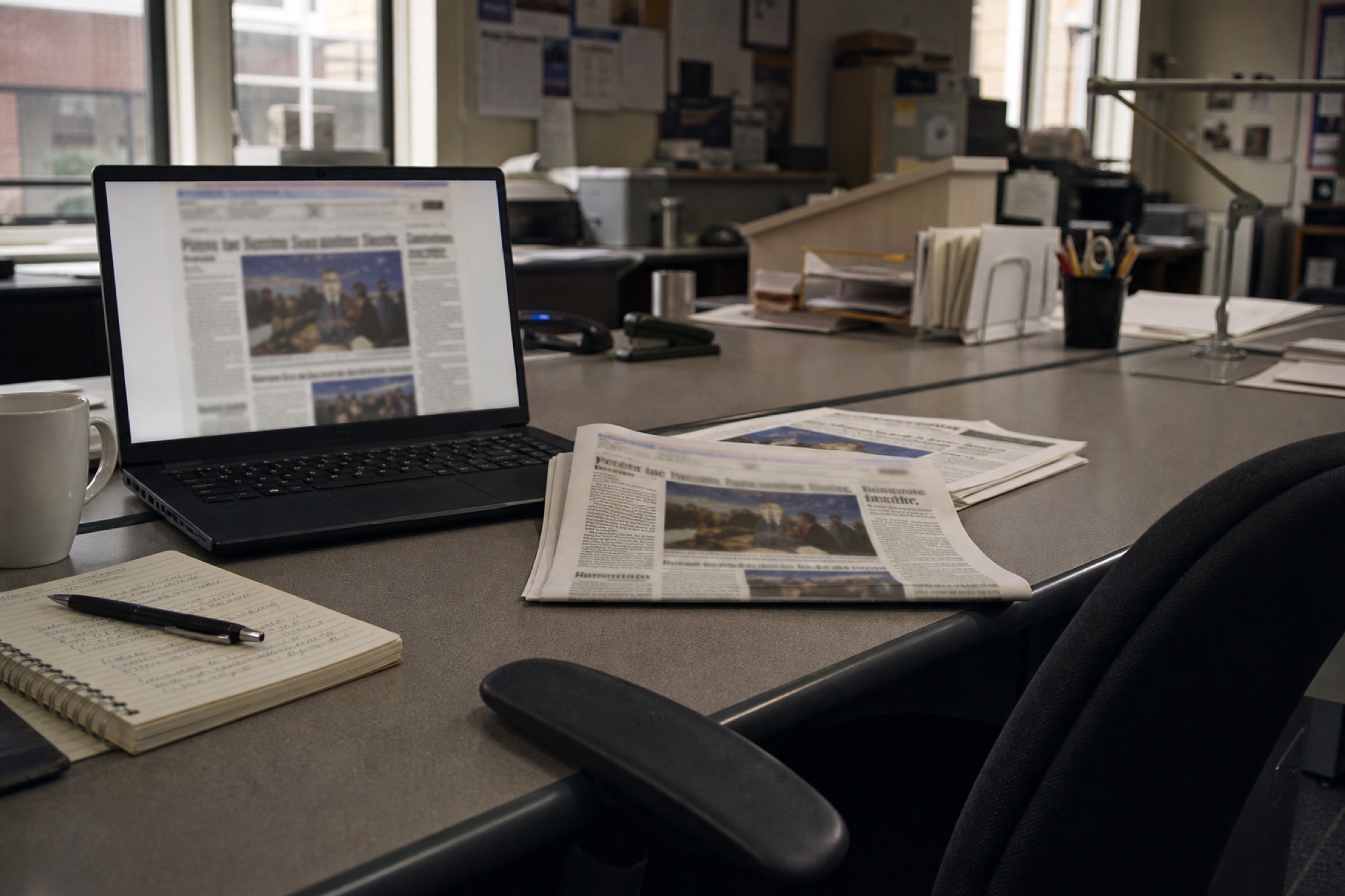 A laptop and printed pages of a homepage on an empty newsroom desk.
