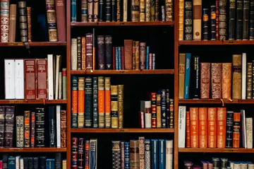 Rows of old hardback books on a dark wooden shelf