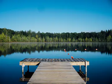 Wooden dock on a still lake under a clear sky