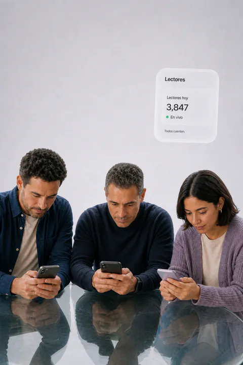 Three people reading on phones next to a live readers count