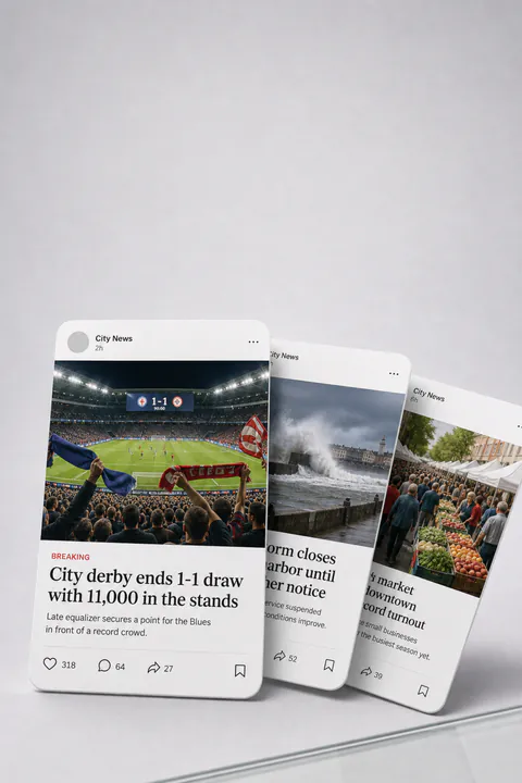 Three mobile news story cards in a row