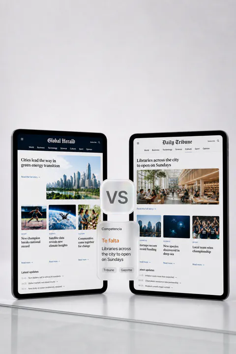 Two newspaper homepages compared, with a missing-story call
