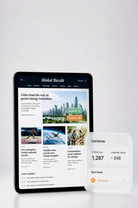 Tablet showing a newspaper homepage with the Desvelio Readers panel